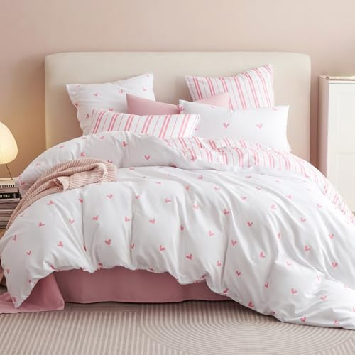 Tospass Weiß Bettwäsche 155x200 cm Mädchen - Rosa Herz Beidseitige Set Microfaser, Innen Ist EIN Rosa Streifen Bettwäsche Set Bettbezug mit Reißverschluss und 1 Kissenbezug 80x80 cm