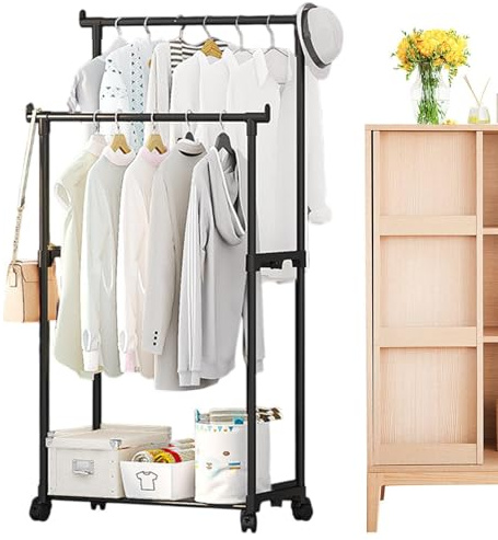 Eventerde Double porte-vêtements réglable sur roulettes avec deux tringles pour chambre à coucher, couloir