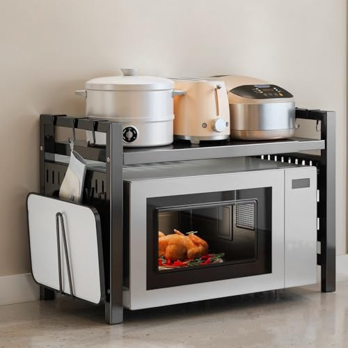 Mapille Soporte Extensible para Microondas 2 Niveles Estante Microondas con 6 Ganchos Soporte para Tabla de Cortar Estanteria para Microondas Encimera Mueble Estante Extensible de 40 a 64CM
