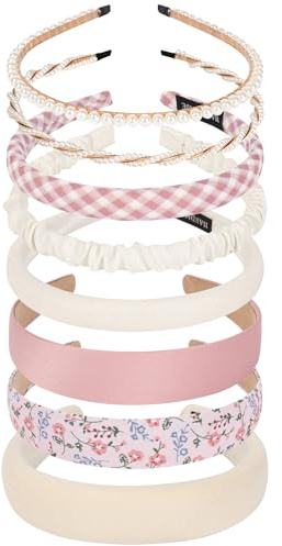 LYroo Headbands for Women Girls Non Slip - 8 Pack Wide Padded Headband Cute Floral Headbands Fashion Pearl Beaded Thin Head Bands Trendy Hair Accessories(White & Pink)