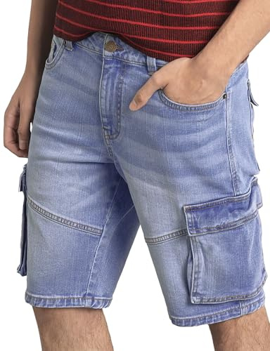 Enorsia Mens Blue Denim Cargo Shorts – Stretch Vintage Wash Jean Shorts with Multiple Pockets, Button & Zip Fly, Belt Loops Casual Summer Workwear