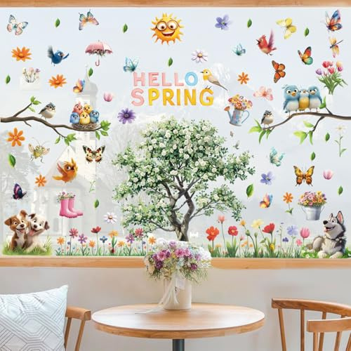 SanKristo 9 Sheets Flower Butterfly Birds Dogs Reusable Window Stickers Static Cling Floral Animal Anti-Collision Window Glass Decals for Kids Decorations, 30 * 20