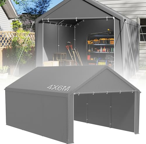 YRHome förvaringstält 4 x 6 m med PE-tak industritält PVC vattentät rivbeständig carport garagetält för bil, SUV, lastbil, båt och mobil förvaring – grå