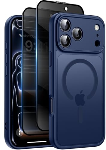 Helssitot Coque Magnétique pour iPhone 17 Pro avec 2 Verre Trempé Anti-Espion, Compatible avec MagSafe, Étui Mat Translucide Arrière Housse Antichoc Anti-Rayures pour iPhone 17 Pro, Bleu Foncé