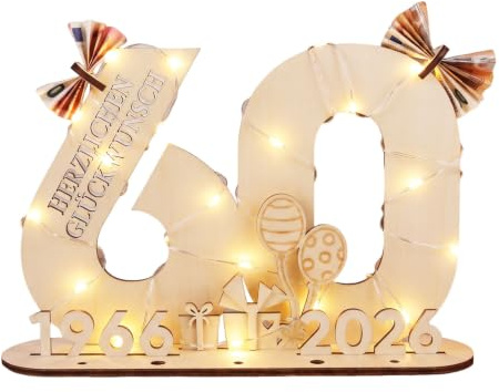 60 Geldgeschenke Geburtstag - Originelle Geschenk 60. Geburtstag Frauen & Männer 1966-2026, Diamantene, Holz-Schild Gästebuch mit LED Lichterkette - Deko Geburtstag Frau Mann, Hochzeitsgeschenke