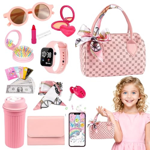 Jonuin Play Purse for Little Girls, 32PCS Toddler Purse with Pretend Makeup Kit, Pretend Play Toy Purses with Handbag, Phone, Watch, Water Bottle, Fun Makeup and Role Playing Toy Gift for Kids Girls