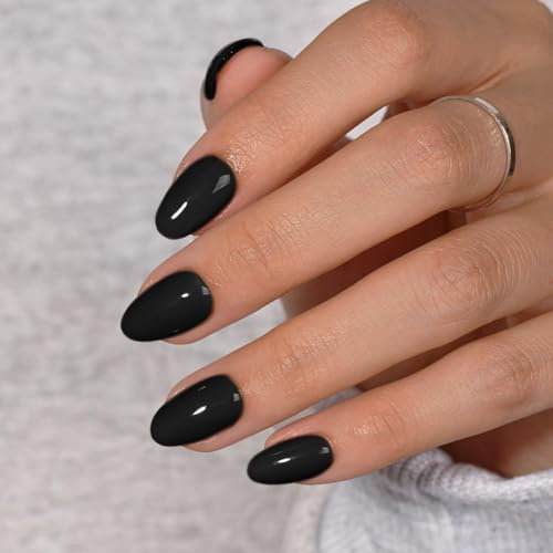KQueenest Soft Gel Press on Nails Kurz – Sheer Schwarz Nägel zum Aufkleben Kurz Runde, Einfarbig Fake Nails mit Kleber, Glänzend Mandel Künstliche Nägel Set für Frauen & Mädchen, 24 Stück