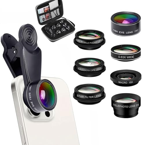 7 in 1 Handy Objektiv Kit 7 in 1 Objektiv für Smartphone 0.63X Weitwinkel 198° Fisheye 15X Makro 2X Portrait Objektiv CPL Kaleidoskop Objektiv Starlight Objektiv
