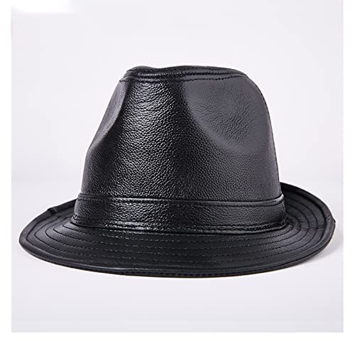 Äkta läder fedoras hatt män brun vintage jazz kepsar klassisk manlig höst vinter retro trilby hatt gentleman fedora(Zwart,L (55-56 cm))
