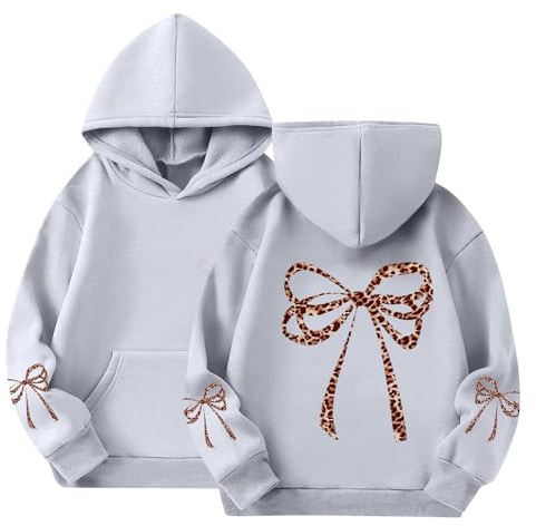 Mjjsk Huvtröjor för flickor trendig rosett grafisk tröja med huva barn vardaglig snygg huvtröja jumper långärmad Preppy söt pullover toppar, Grå, 3-4 Years