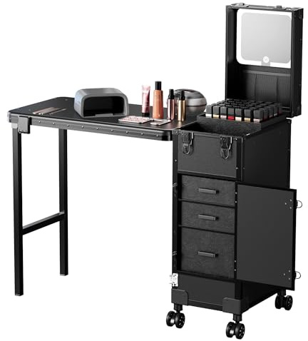 Joiemebi Bärbart manikyrbord med hjul 3 lådor, LED-spegel, arrangör, låsbart resesminkfodral för nageltekniker, arbetsstation, 71 x 38 x 109,5 cm