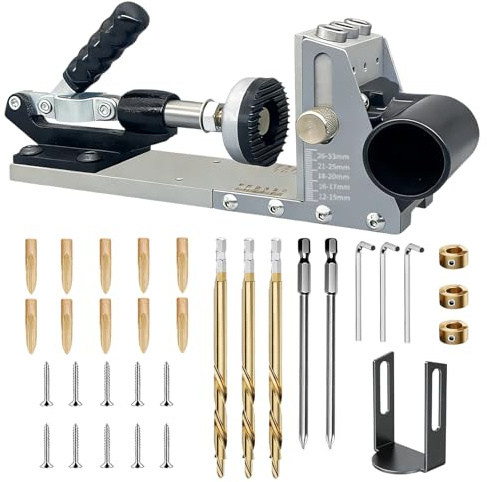 Tatqilo Pocket Hole Jig Kit, 9.5MM Professional Pocket Screw Jig with Titanium Drill Bits & End Stops, 15° Angle Hole, Adjustable Metal Pocket Jig for Woodworking
