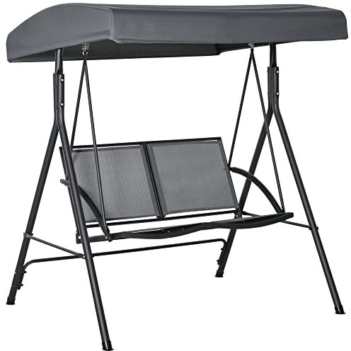 Outsunny Columpio de Jardín Exterior de 2 Plazas 140x118x162 cm Gris Oscuro | Balancín de Jardín Exterior con Techo Ajustable, Marco de Acero, Asientos de Textilene, para Balcón Terraza, Carga 220 kg