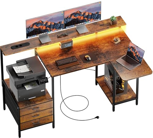 SOLAVERO Scrivania Angolare con Piano Pieghevole, 140cm Scrivania Gaming a l con Prese & USB-C, Tavolo Computer con Cassetti in Tessuto, Tavolo Ufficio con Supporto per Monitor, Marrone Vintage