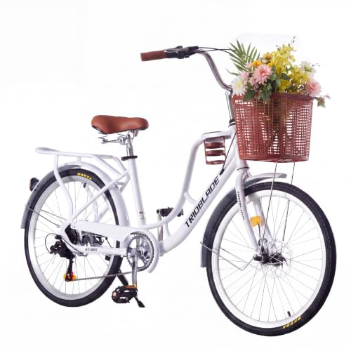 LSBIKE 24/26 Zoll Damen Fahrrad mit Korb, Frauen Mädchen 7-Gang Citybike, Mit Tassenhalter und leichtem Gepäckhalter, Doppelscheibenbremse Stadt Fahrrad, Vintage Fahrrad mit Reflektoren