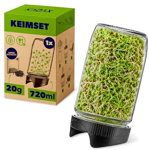 KADAX Ribbstol 720 ml, 1 st, grodd glas med sillock Ø 82 mm, groddar odlingssats, odlingsburkar för mullbönor, broccoli och alfalfa, inkl. rädisfrön