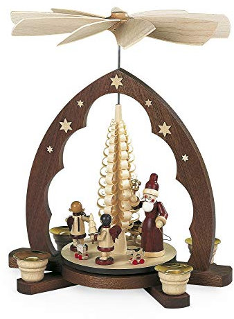 Müller Seiffen Piramide di Natale scambio di regali natalizi arco a pizzo, albero di truciolo, 1 piano, 30 cm di altezza, naturale, originale, Monti Metalliferi