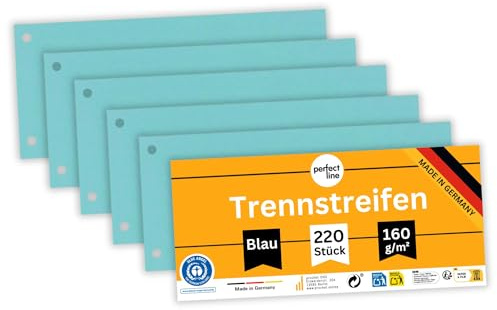 perfect line 220 tiras separadoras de papel azul, separadores para registros, tarjetas de 160 g, hojas separadoras azules, lengüetas para separar perfectamente carpetas y documentos DIN-A4