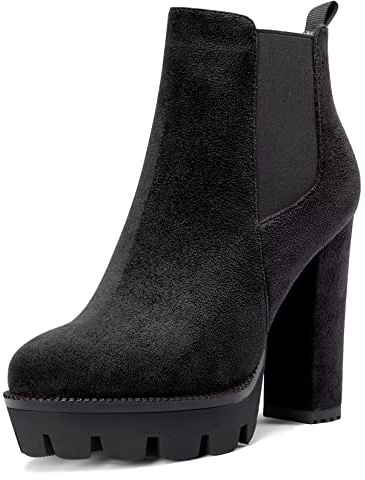 Castamere Femmes Haut High Talon Heel Bloc Chunky Plate-forme Rond Bout Bottines Slip-on Classique Bottes Noir 35 EU