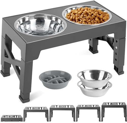 FOSTBEEN Elevated Dog Bowls, 5 Height Adjustable Stand, raised dog bowl with Double Bowls Stainless Steel 1200ML, for Water and Food Feeder for Small Medium Large Dogs, Gray