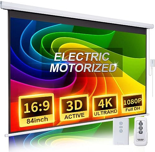 Projector Screen Motorized 84 Inch 16:9 HD Electric Projector Screen Pull Down with Remote, Automatic Projector Screens Wall Ceiling Mount Movie Screens for Projectors Outdoor Indoor, White