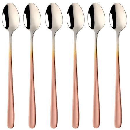SBOMHS Cucharas para latte macchiato 18/10 de acero inoxidable, de mango largo, para café, capuchino, cucharas de postre, 20 cm, para yogur, Nutella, café con leche, 6 unidades (oro rosa degradado)