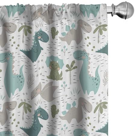 ABAKUHAUS Infantile Tenda a Pannello Set di 4, Smiling baby dinosauri, Trattamento della Finestra per Stanza e Camera da Letto, 4 pezzi 75 cm x 225 cm, Bianco Seafoam Grigio Chiaro