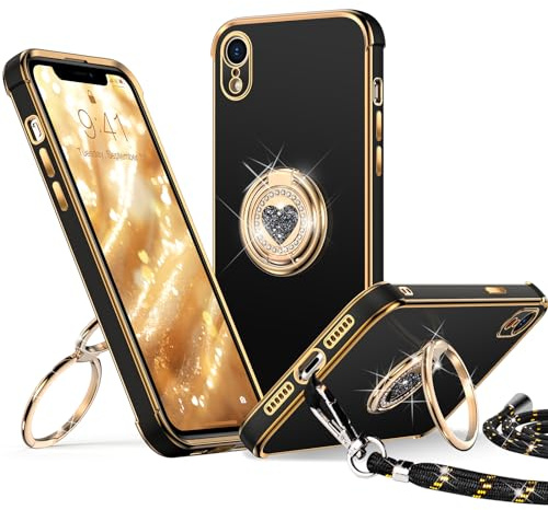 XYZ für iPhone XR Hülle mit Band, Schwarz | Herzen Doppelring Ständer HandyHülle, Frauen Mädchen Dünn Stoßfeste Case mit Handykette, Anti Kratzt SchutzHülle