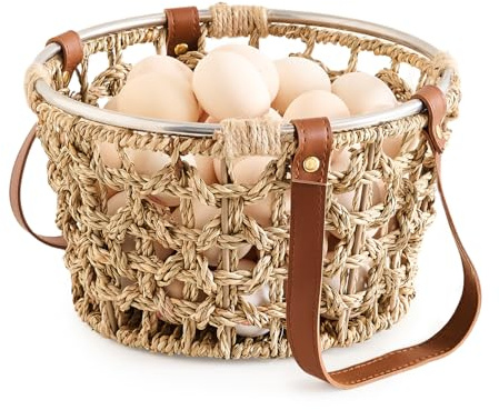 LGENHOOM Farmhouse Seagrass Egg Baskets - Handmade Wicker Egg Collecting Basket with Handle