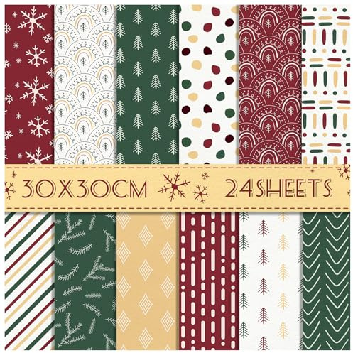 ZAKHSE Weihnachten Motivpapier 30x30cm, 24 Blatt Designpapier Weihnachtsdruck im Böhmischen Stil Doppelseitig Bedruckt Scrapbook Papier Bastelpapier Bunt für DIY Scrapbooking Kartengestaltung