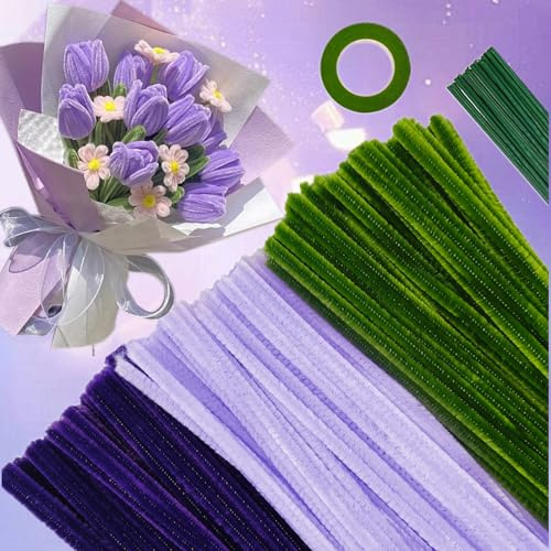 APKOL 300 Limpiapipas ManualidadesPipe Cleaners Limpiapipas de Colores para Manualidades tulipanes,Brillantes Incluidos, con Tallo Floral Artificial y Cinta de Flores,DIY Decoraciones,Morado y verde