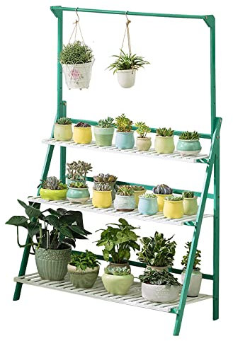 Bamboo 3 Tier Plant Display Rack Foldable Plant Shelf with Hanging Garden Planter Rack 56 Tall Flower Plant Stand for Home Garden Patio Balcony Green Plant Hanger Included