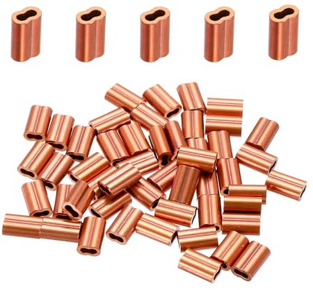 sourcing map Copper Duplex Oval Crimping Sleeve 1/16(1.5mm) Cable Ferrule Crimping Loop Sleeve for Wire Rope Cable Fishing Line, Pack of 50