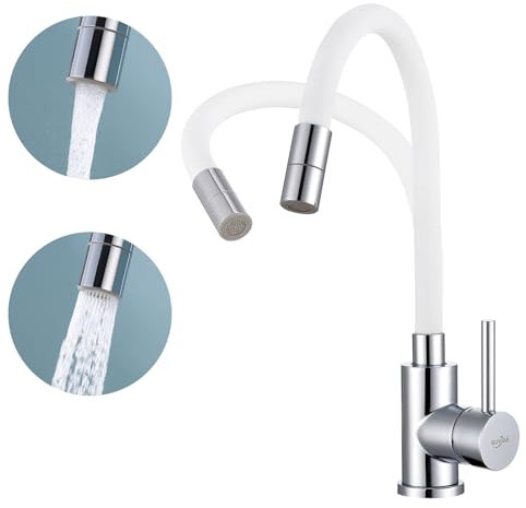 SUVIDA Robinet de Cuisine Flexible, Robinet Salle Bain avec 2 Types de Jets, Robinets d'évier Blanc Orientable à 360°, Mitigeur Cuisine Haute Pression, Acier Inoxydable, Économie d'eau
