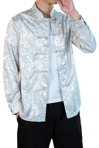 RUMAOZIA Chinese Men's Clothing Men Satin Mandarin Collar Silk Shirts Collar Chinese Dress Tang Suit Jacket Martial Arts Kung Fu Shirts Chinese Tang Suit National Costumes, O Grey, 5XL