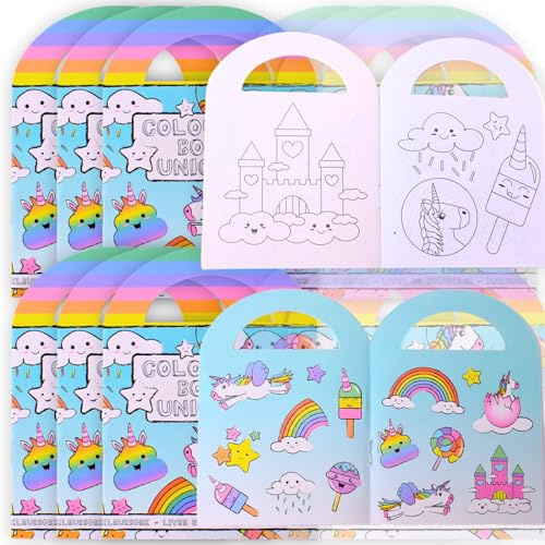 TE-Trend 12 Stück Mini Malblock Malbuch Kinder Set mit je 15 Sticker als Mitgebsel oder Mitbringsel bestens geeignet. (Einhorn-Malblock Set)