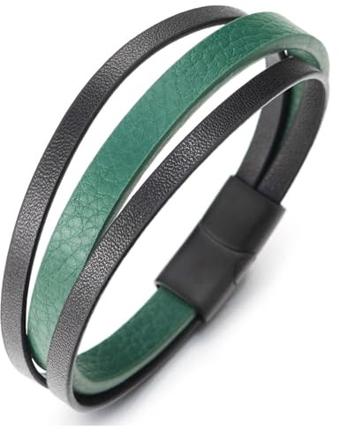 COOLSTEELANDBEYOND Bracciale da Uomo Avvolgente in Pelle Bicolore, Fascia a Doppio Strato Verde e Nera, Gioiello Moderno ed Elegante