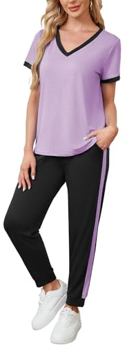 Famulily V Neck Womens Tracksuit Sets Short Sleeve Top & Stripe Jogger Pants Summer 2 Piece Outfits with Pockets S-XXL