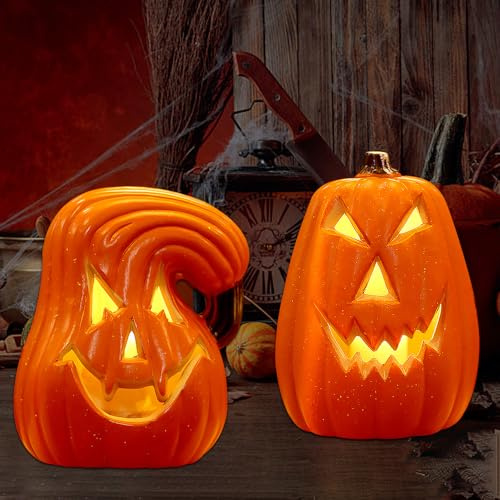 XPJBKC Lanterna Zucca Halloween, 2PCS Zucca Halloween Luminosa, Zucche Decorative con Illuminazione LED, Svuotato Internamente Lanterne per Decorazioni di Feste