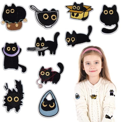 Embroidered Iron On Patch, 10PCS Black Cute Cat Sew or Iron on Applique Badge, Polyester Patches for Clothing, Jackets, Jeans, Backpacks, Hats, Arts Craft Sew Making