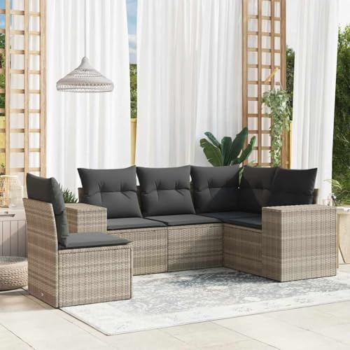 QJBSAVVA Lot de 5 meubles de jardin - Gris clair - En rotin synthétique - Modulaire - Avec accoudoirs - Groupe de sièges d'extérieur avec coussins - 62 x 62 x 69 cm - Résistant aux UV - Pour balcon