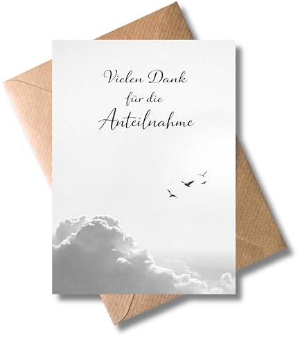 WBdesignz 10er-Set Trauer-Dankeskarten „Vielen Dank für die Anteilnahme“ mit Umschlägen - Trauerkarten mit Wolken & Vögeln - Kondolenzkarten für Beileidsbekundungen, Anteilnahme, Trauer (DIN A6)