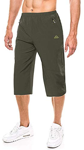 EKLENTSON Herren Capri 3/4 Hose Trainingshose Atmungsativ Schnelltrocknend mit RV-Tasche (36, Armeegrün)