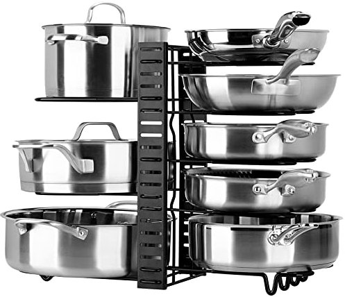 Toplife Pan Organiser Rack with 3 DIY Methods, Height Adjustable Kitchen Pan and Pot Lid Holder, Black