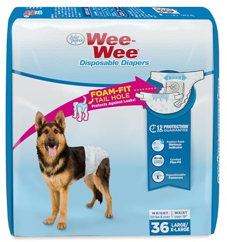 Four Paws Wee-Wee Super Absorbent Disposable Adjustable Dog Potty Training Diapers, Leak-Proof Protection for Dogs, Size Large, Over 19 Waist, 36 Count