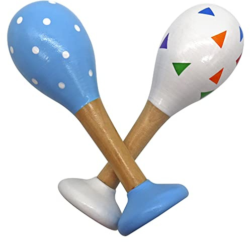 PREMYO Hochet Bébé Maracas Jouet en Bois - Instrument de Musique Enfant Fille Garçon - Points Triangles Bleu