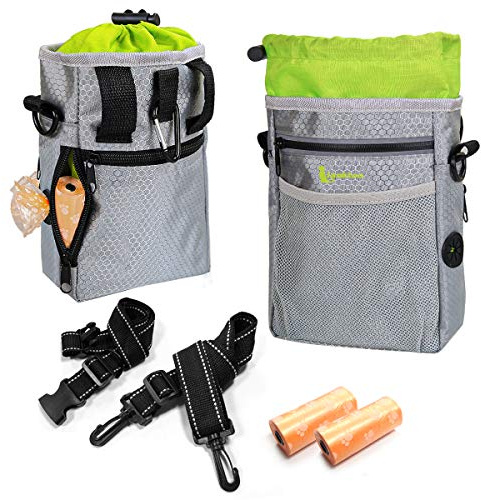 lanktoo Dog Treat Pouch Bag with Poop Bag Holder, Waterproof Puppy Training Walking Bag W/Shoulder Strap, Waist Belt and Clip, Easily Carrying Dog Toys, Food (Grey+Green)(Grey+Green)