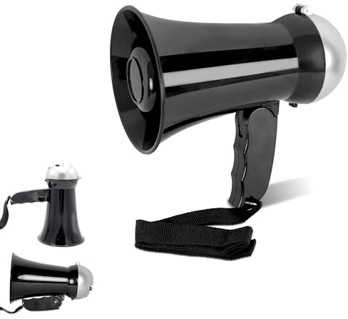 FISHTEC Mini Megafono Altoparlante 10 W - Funzione Altoparlante e Sirena - Potenza da 95 a 105 dB - Volume regolabile - Funziona con 6 pile AA - 17 CM - Nero