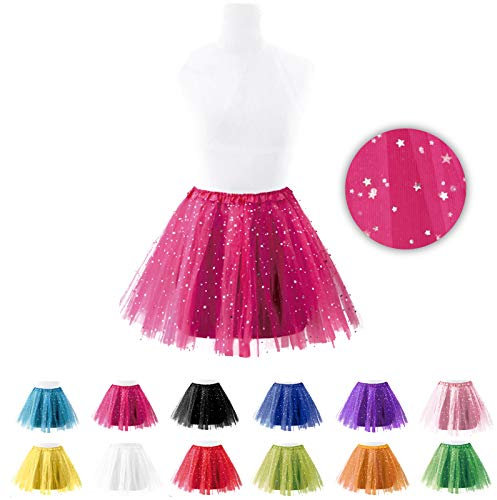 Tutu Dam Fuchsia Kjol Tyll Dans med Purpurin Stjärnor Balett Dans【Storlek Vuxen Längd 40 cm】 Tutus Färger för Kostymfester Prinsessor Fairy Unicorn Dansare