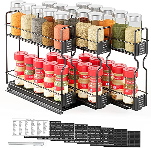 SpaceAid Pull Out Spice Rack Organizer for Cabinet, Heavy Duty Slide Out Seasoning Kitchen Organizer, Cabinet Organizer, with Labels, 7.7 W x10.75 D x10 H, 3 Drawers 2-Tier